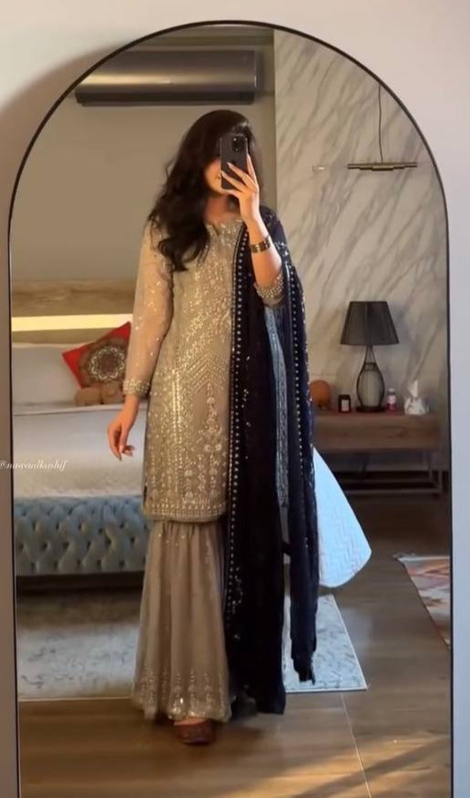 Beautiful Gray Color Georgette With Sequence Work Sharara Suit