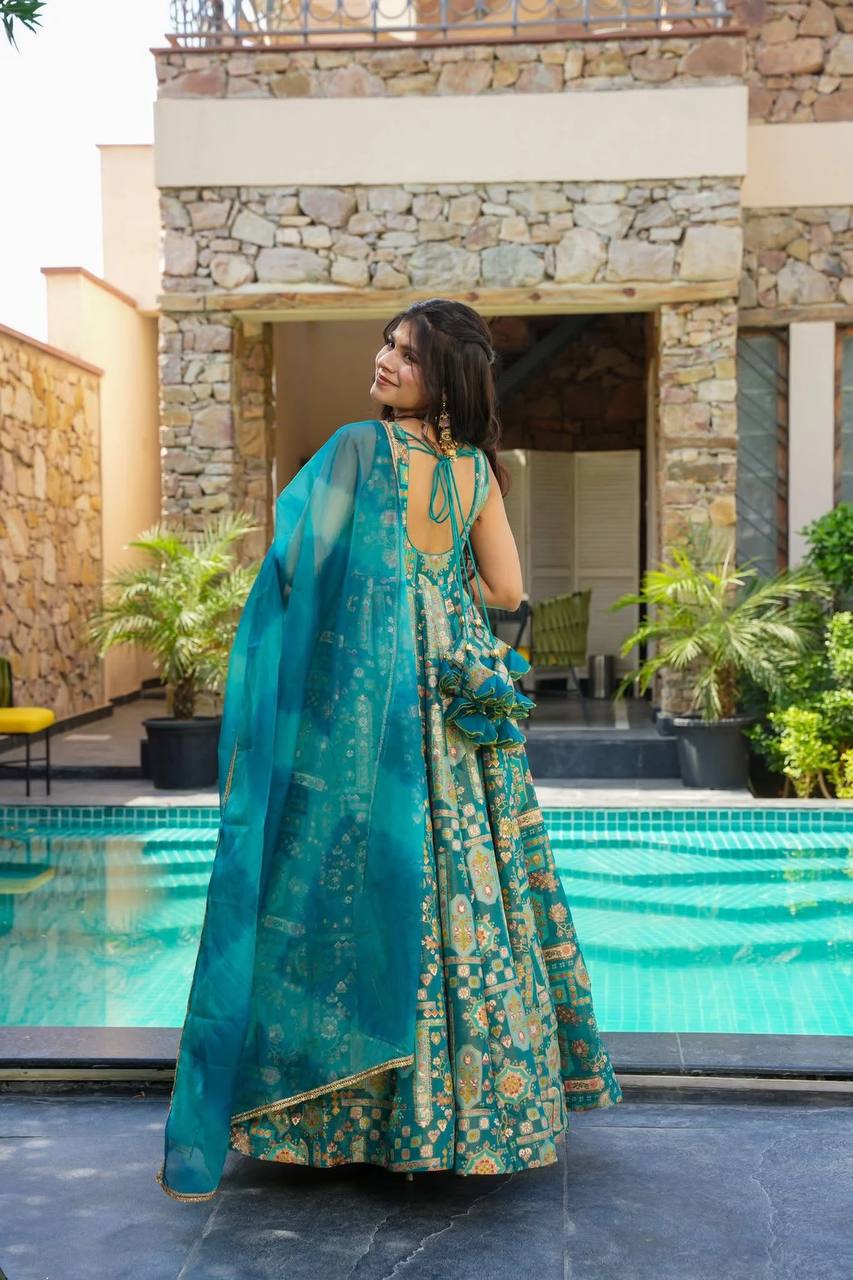 Sky Blue Color Jimmy Chu Silk With Digital Printed Gown With Dupatta