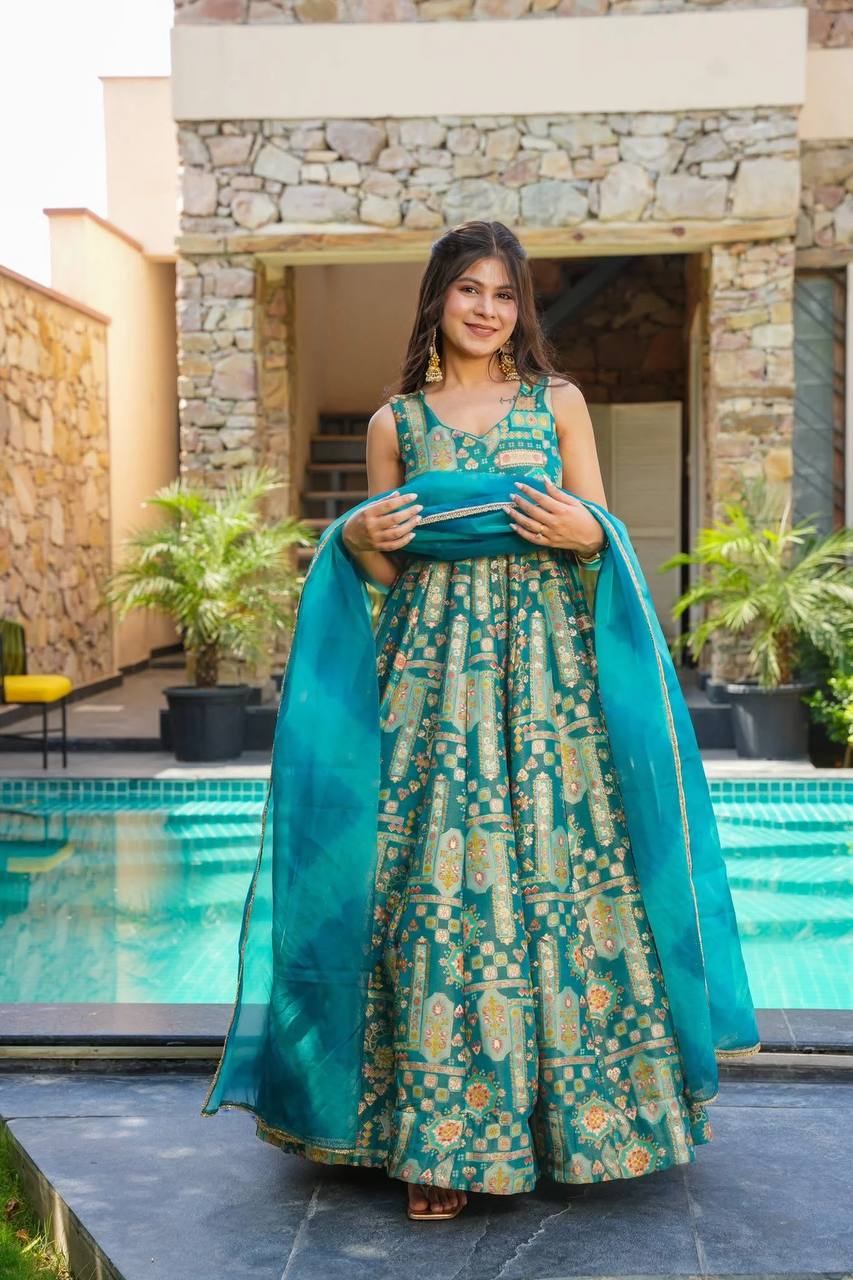 Sky Blue Color Jimmy Chu Silk With Digital Printed Gown With Dupatta