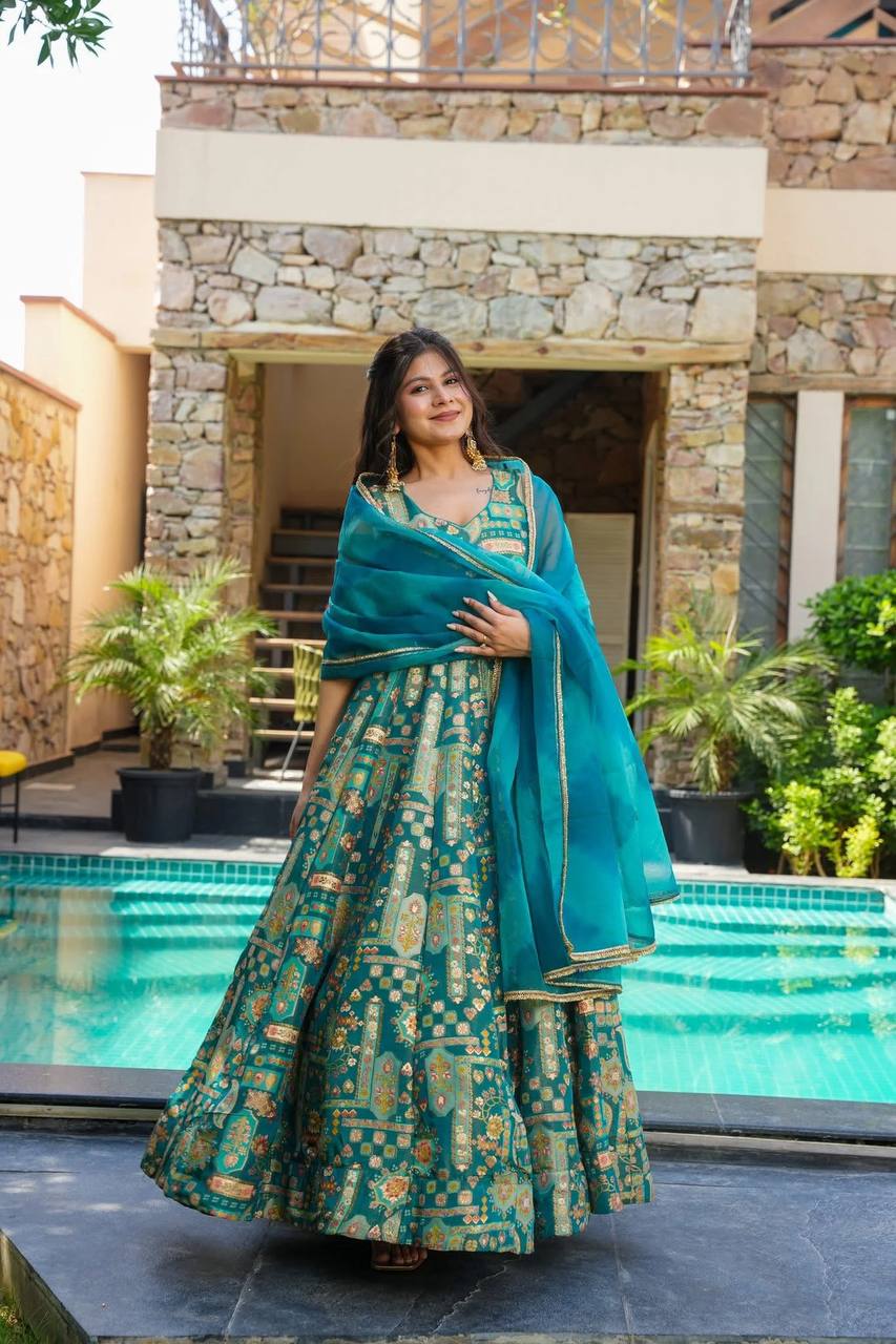 Sky Blue Color Jimmy Chu Silk With Digital Printed Gown With Dupatta