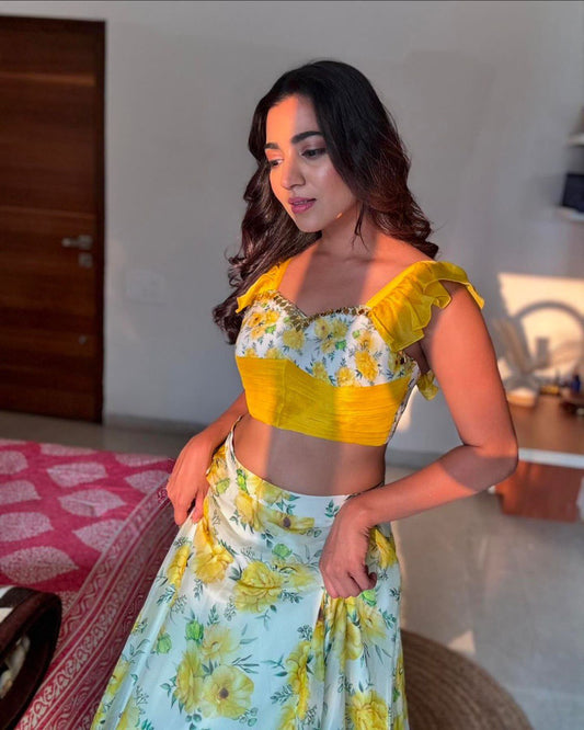 Yellow Color Digital Flower Printed Haldi Function Wear Lehenga Choli