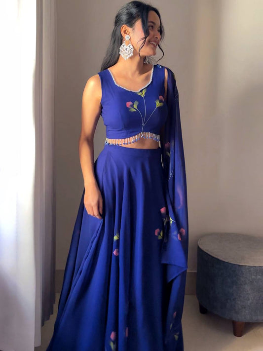 Function Wear Blue Color Georgette With Fully Flair Ready To wear Lehenga
