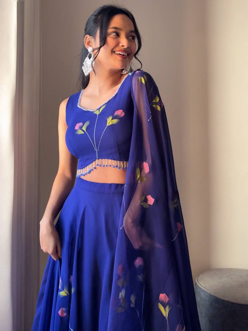 Function Wear Blue Color Georgette With Fully Flair Ready To wear Lehenga