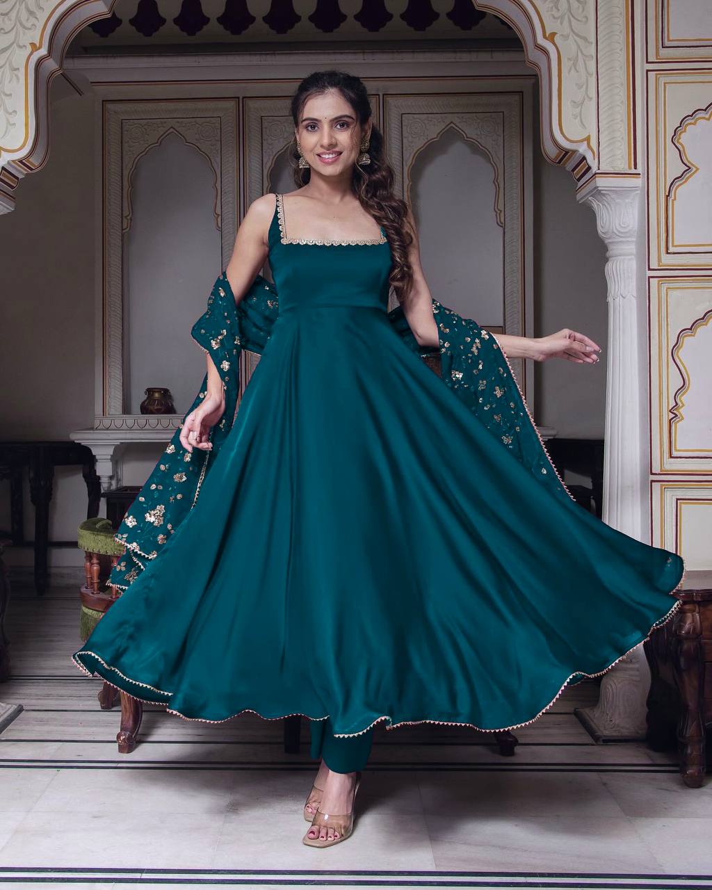 Beautiful Rama Color Sequence Work Long Gown With Dupatta
