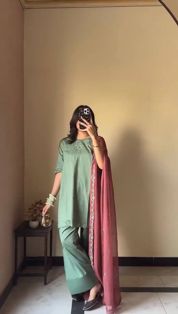Sea Green Color Faux Georgette With Sequence Work Plazo Suit