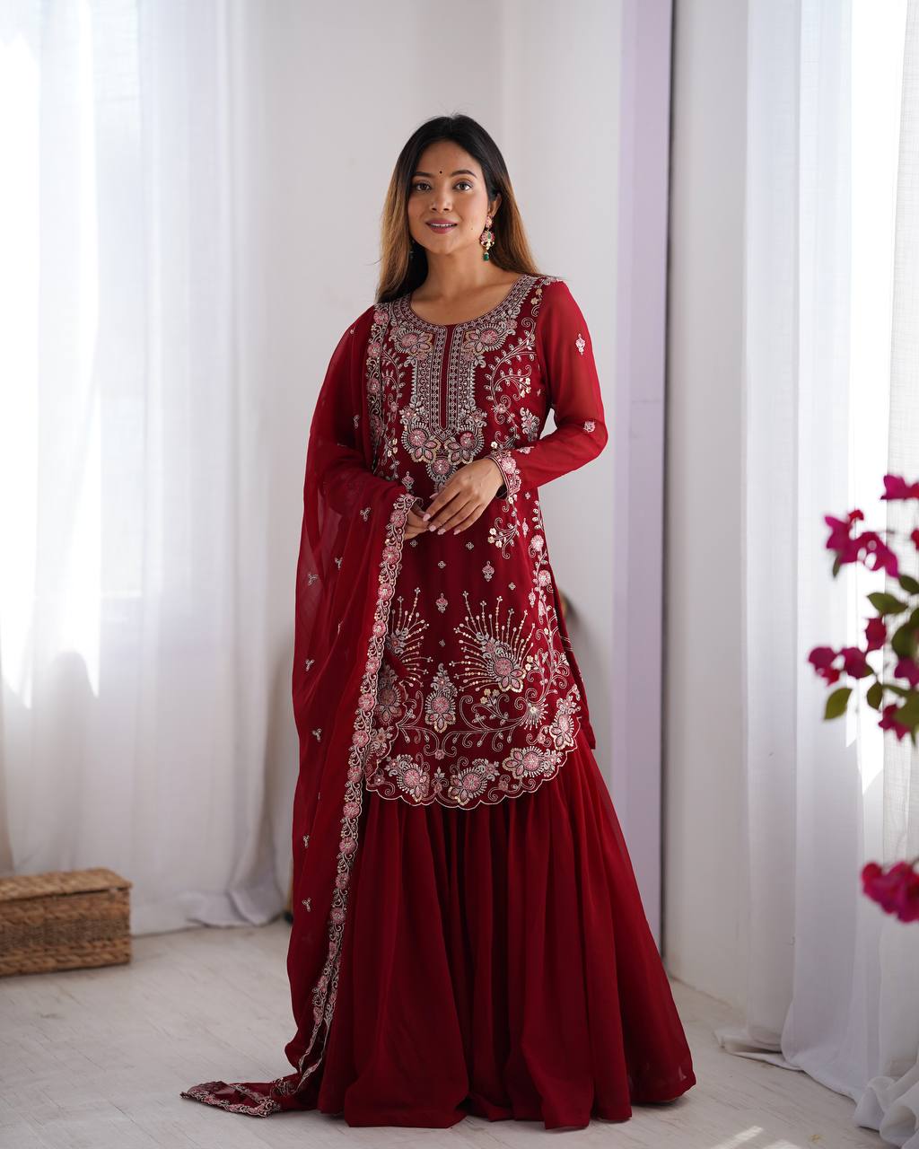 Maroon Red Color Georgette With Sequence Work Sharara Suit