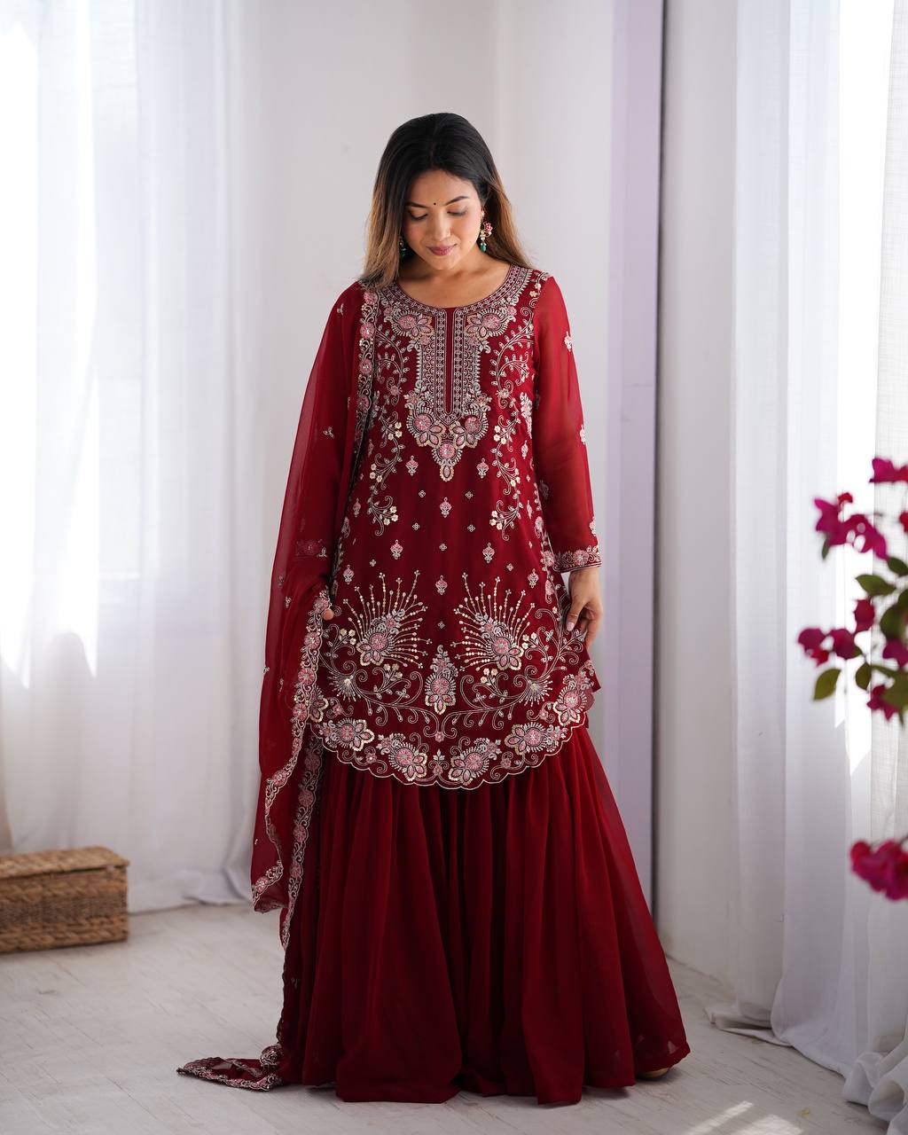 Maroon Red Color Georgette With Sequence Work Sharara Suit