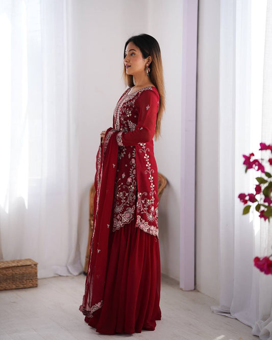 Maroon Red Color Georgette With Sequence Work Sharara Suit