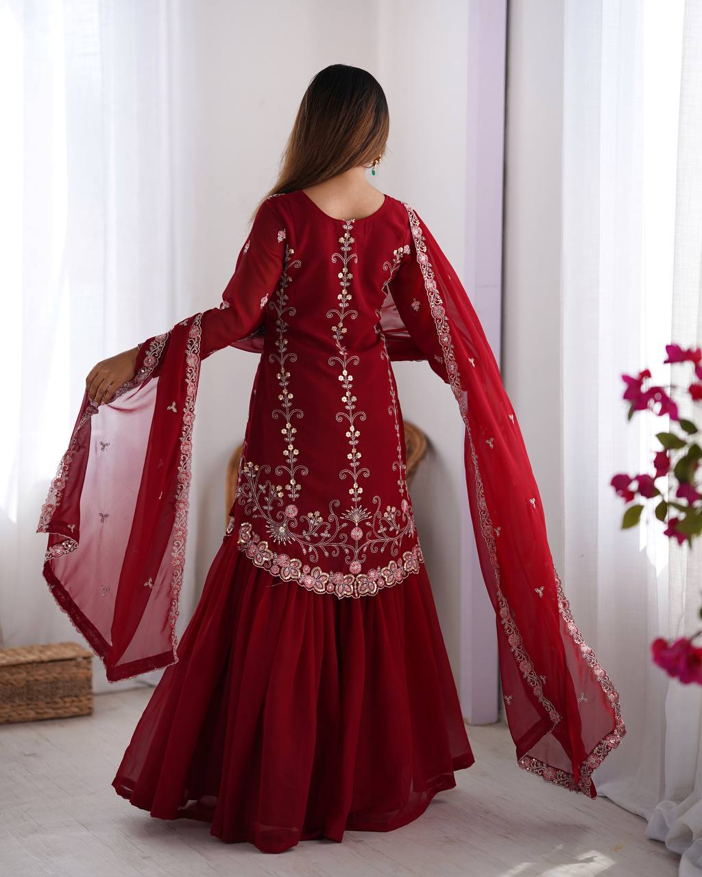 Maroon Red Color Georgette With Sequence Work Sharara Suit