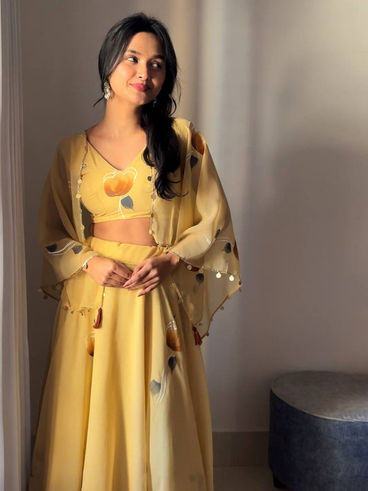 Haldi Function Wear Georgette With Flower Printed Lehenga Choli