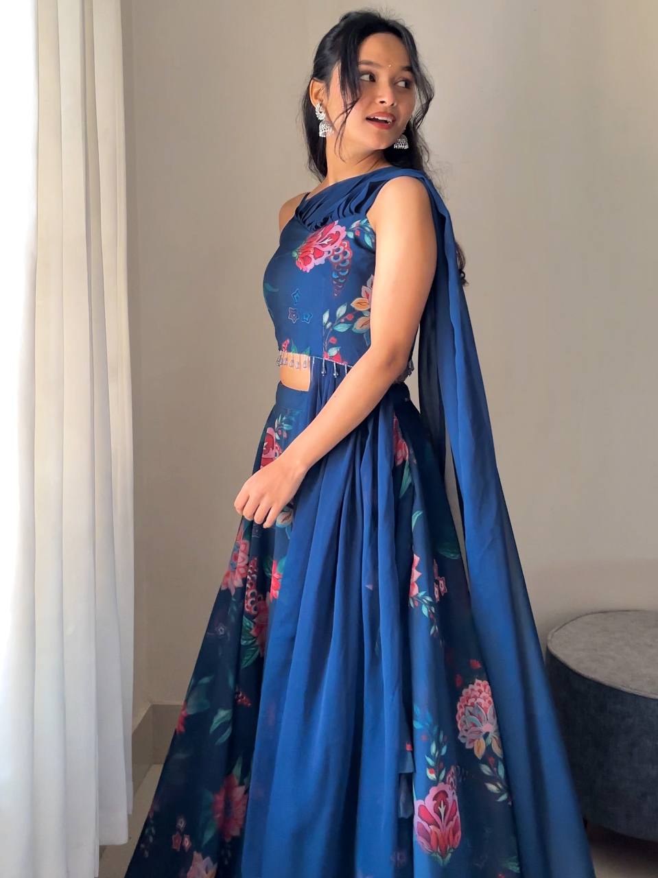Ready To Wear Blue Color Georgette With Digital Printed Lehenga Choli