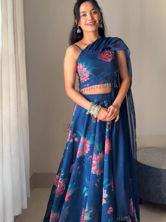 Ready To Wear Blue Color Georgette With Digital Printed Lehenga Choli