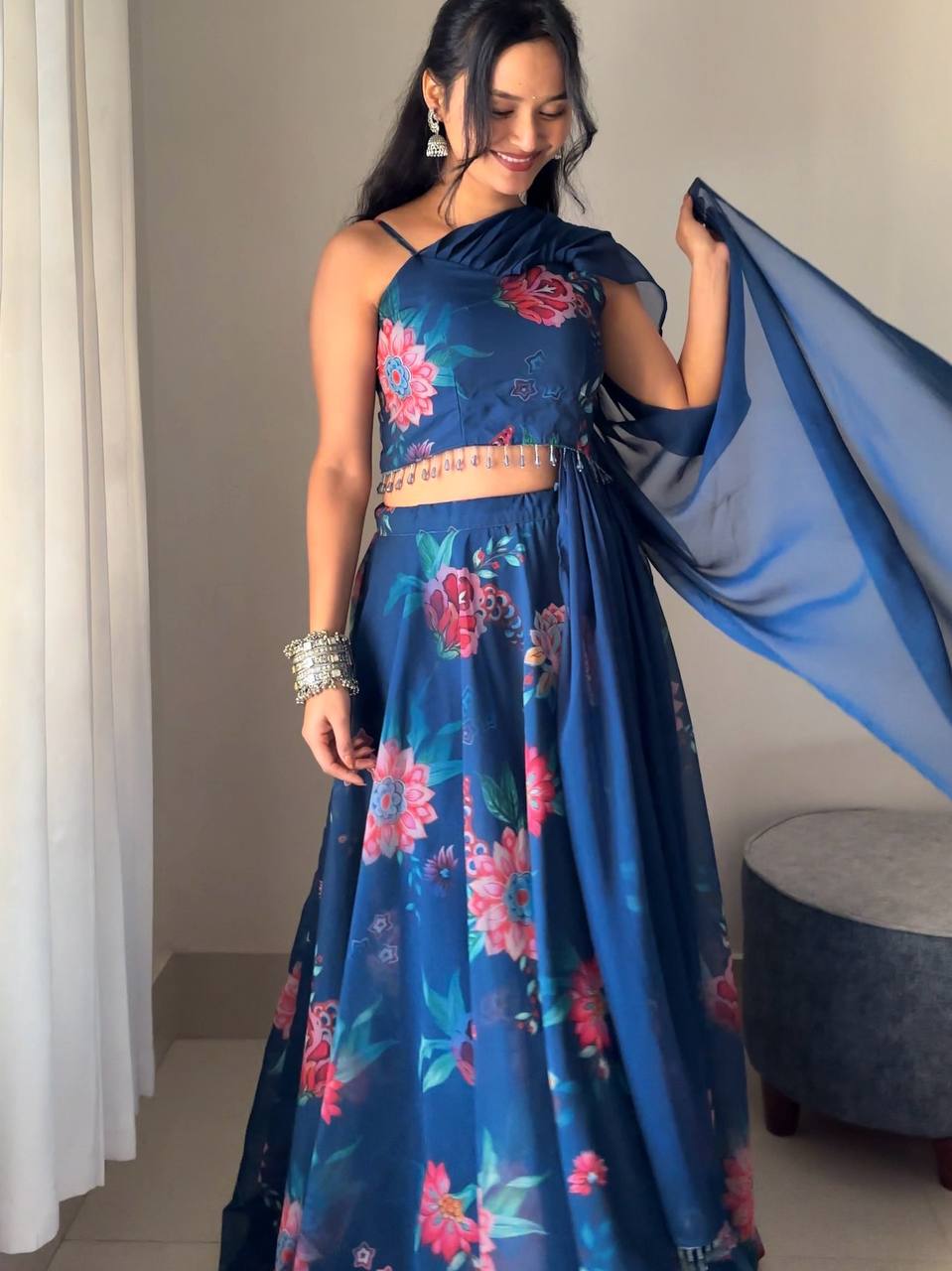 Ready To Wear Blue Color Georgette With Digital Printed Lehenga Choli