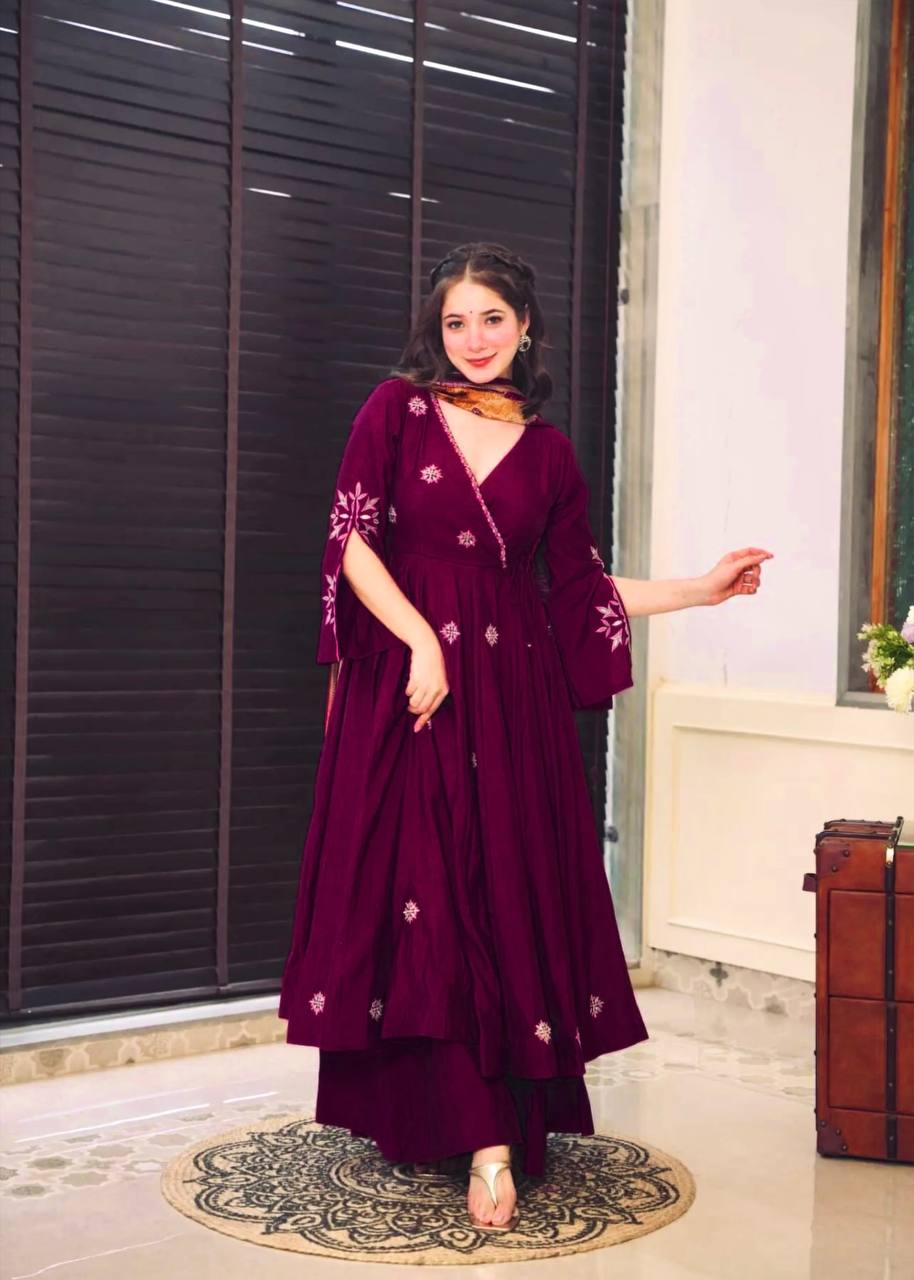 Captivating Maroon WIne Designer Top With Plazo Set And Dupatta