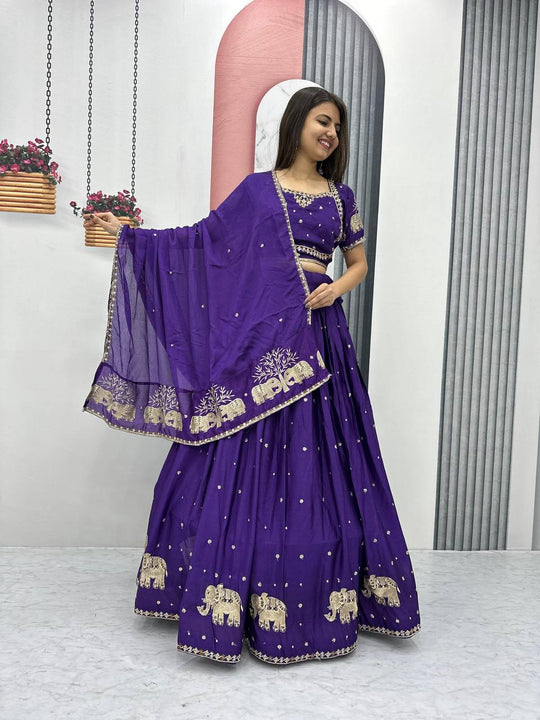 Purple Color Wedding Wear Heavy Embroidery Work Stitched Lehenga Choli