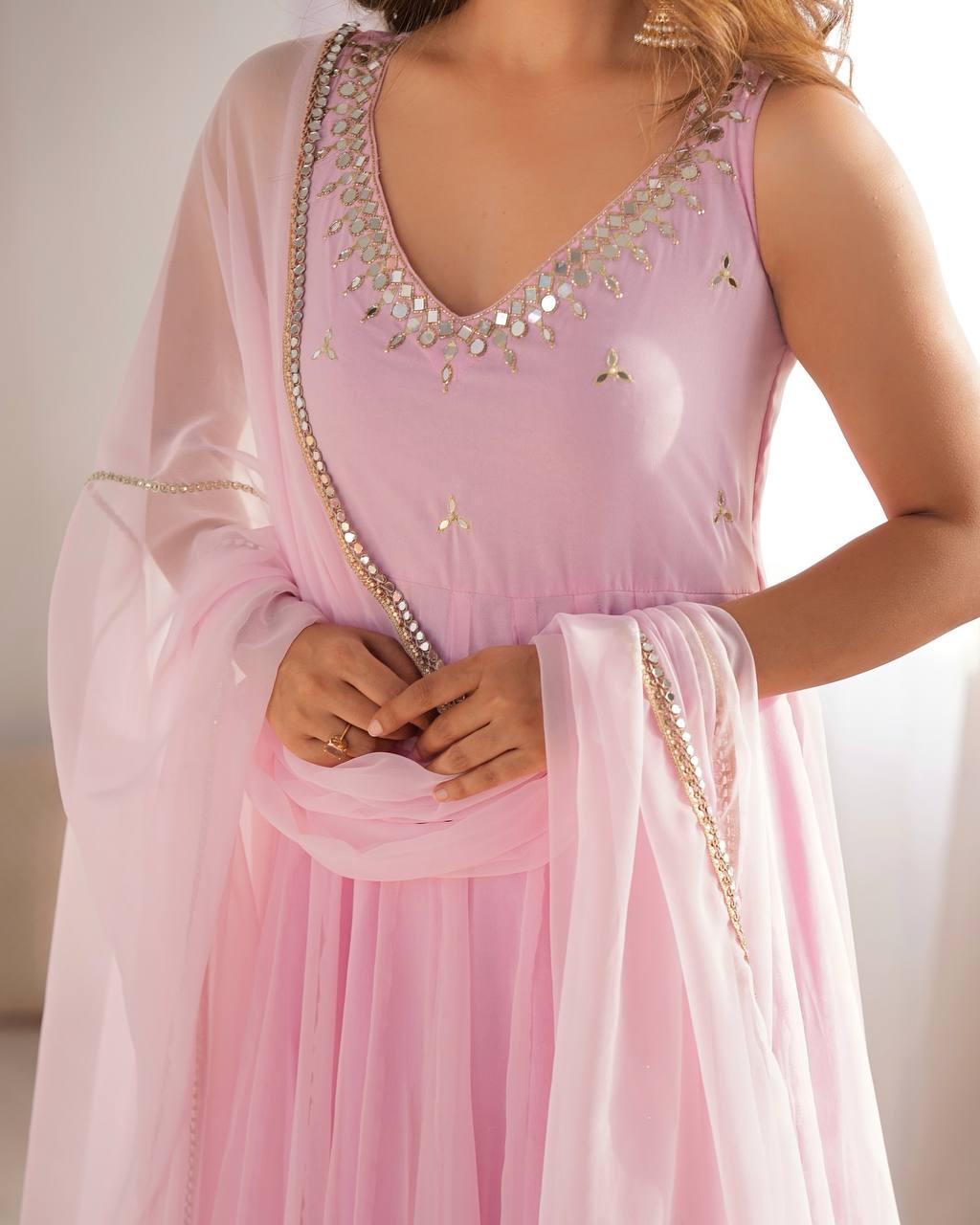 Pink Color Georgette With Hot Fix Work Anarkali Gown With Dupatta