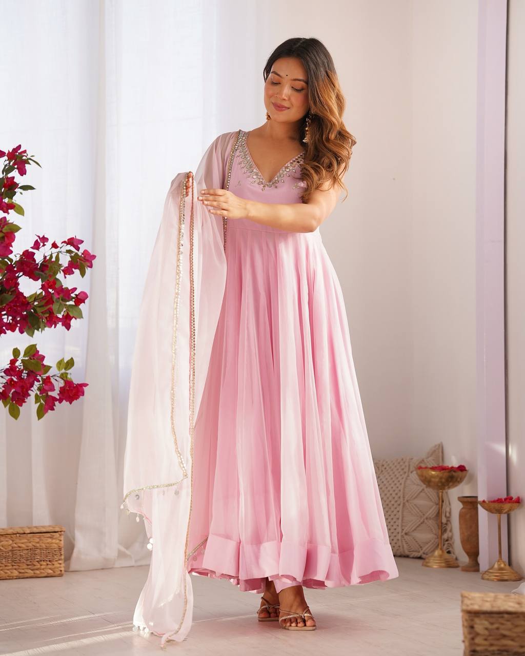 Pink Color Georgette With Hot Fix Work Anarkali Gown With Dupatta