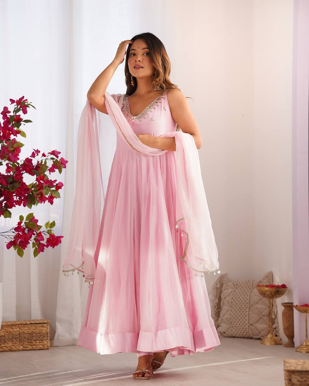 Pink Color Georgette With Hot Fix Work Anarkali Gown With Dupatta