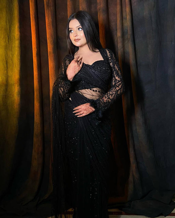 Party Wear Black Color Sequence Work Saree