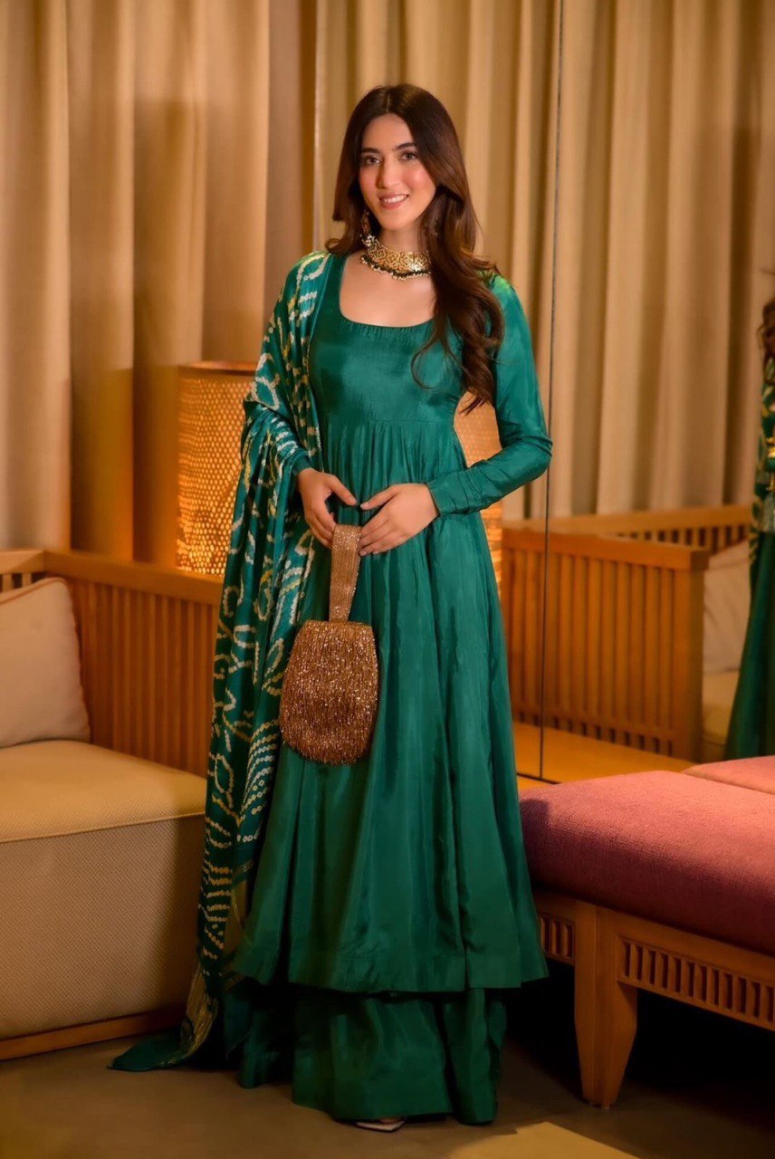 Rama Green Color Chinon Silk Anarkali Suit With Dupatta
