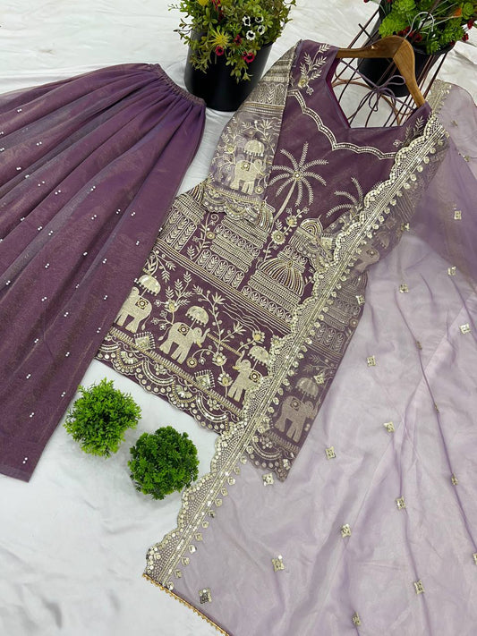 Purple color Twill Net With Embroidery Work Sharara Suit