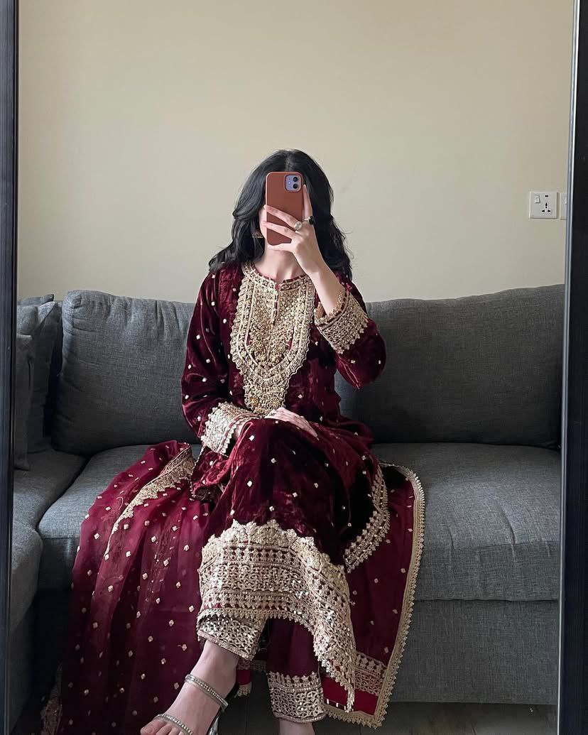 Maroon Color Velvet With Embroidery And Sequence Work Suit