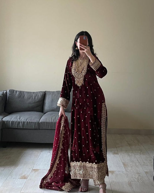 Maroon Color Velvet With Embroidery And Sequence Work Suit