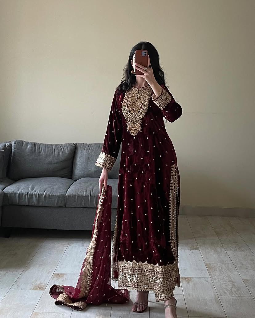 Maroon Color Velvet With Embroidery And Sequence Work Suit