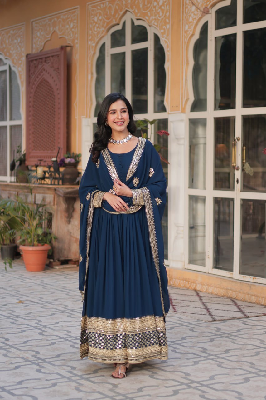 Rama Color Faux Blooming With Sequence Work Long Gown With Dupatta