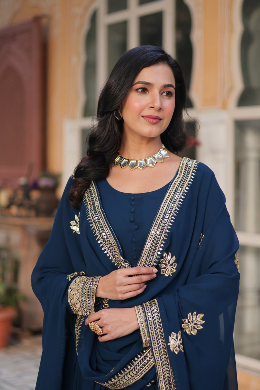 Rama Color Faux Blooming With Sequence Work Long Gown With Dupatta