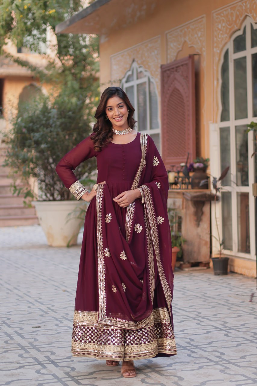 Maroon Color Blooming With Embroidery Work Anarkali Gown