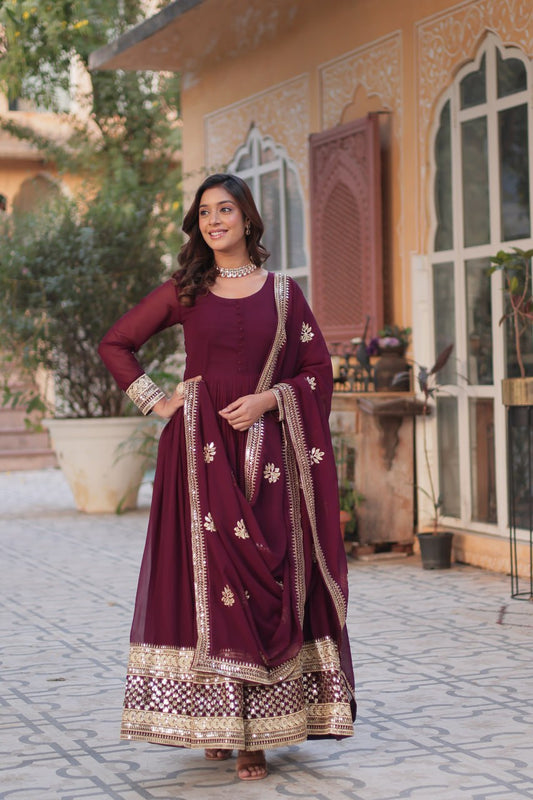 Maroon Color Blooming With Embroidery Work Anarkali Gown