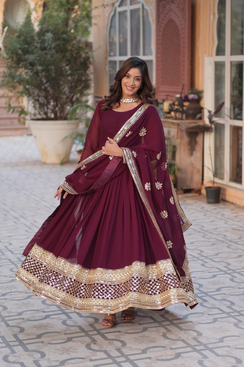 Maroon Color Blooming With Embroidery Work Anarkali Gown