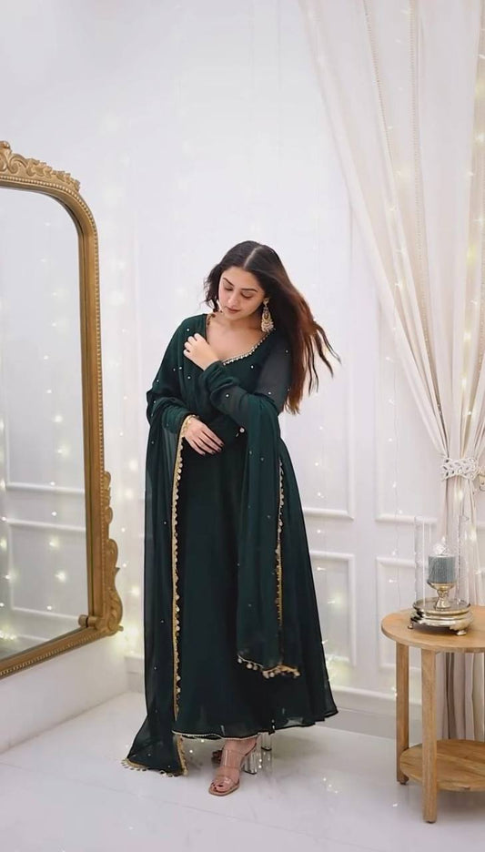 Green Color Georgette With Thread Work Long Anarkali Gown