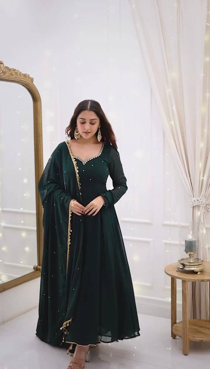 Green Color Georgette With Thread Work Long Anarkali Gown