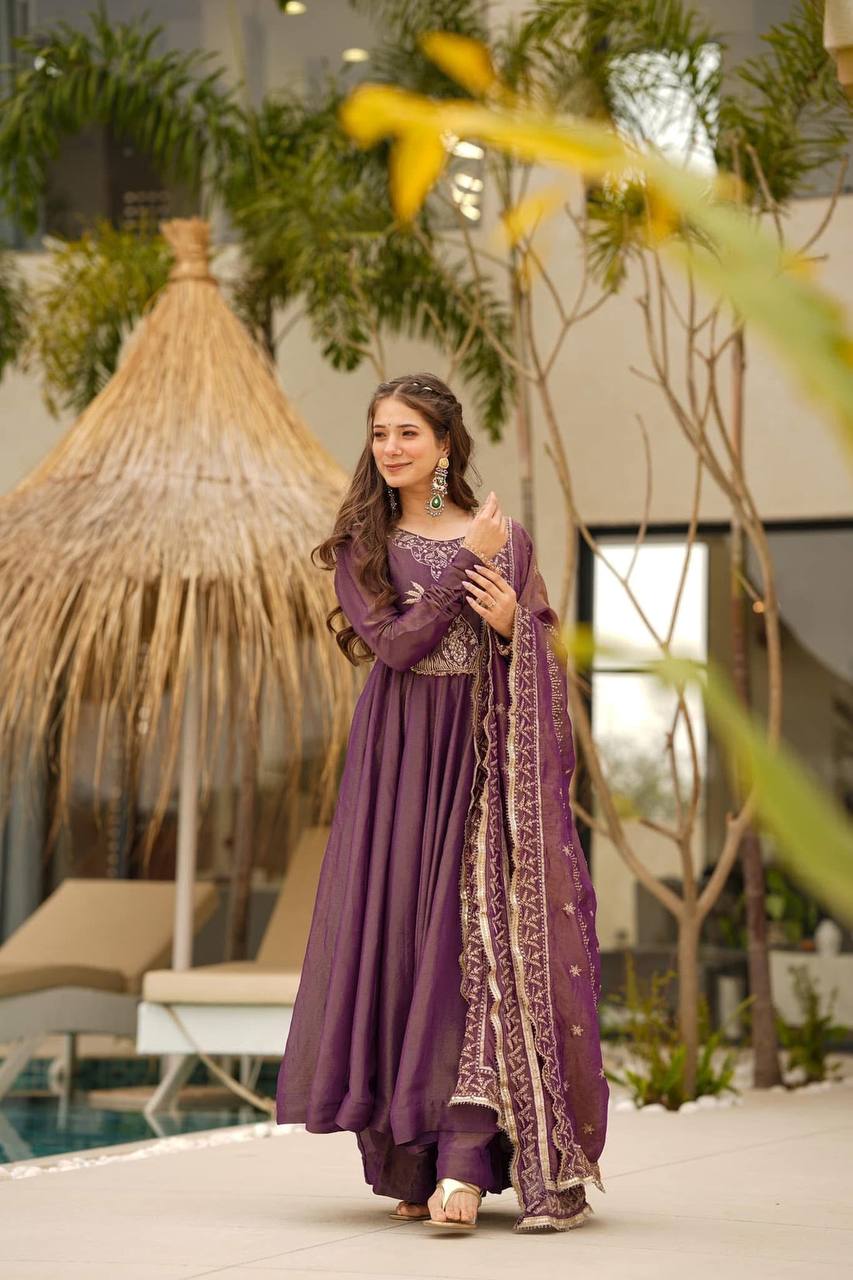 Purple Color Roman Chimar Silk With Embroidery Work Gown With Dupatta