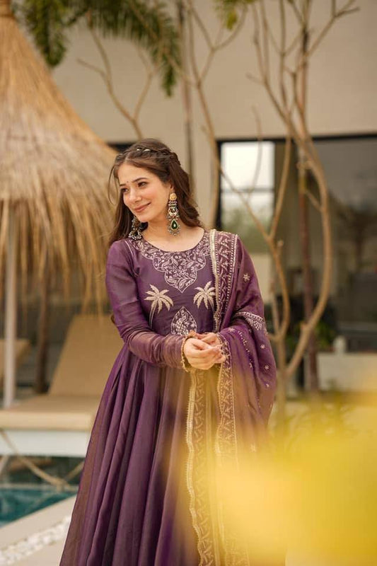 Purple Color Roman Chimar Silk With Embroidery Work Gown With Dupatta
