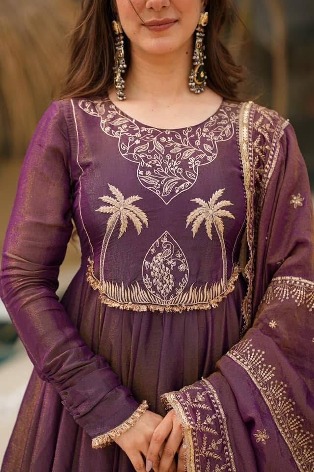 Purple Color Roman Chimar Silk With Embroidery Work Gown With Dupatta
