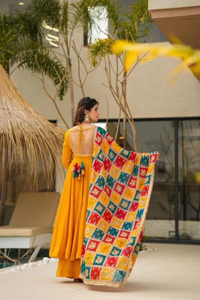Yellow Color Chinon Silk Plazo With Top And Dupatta