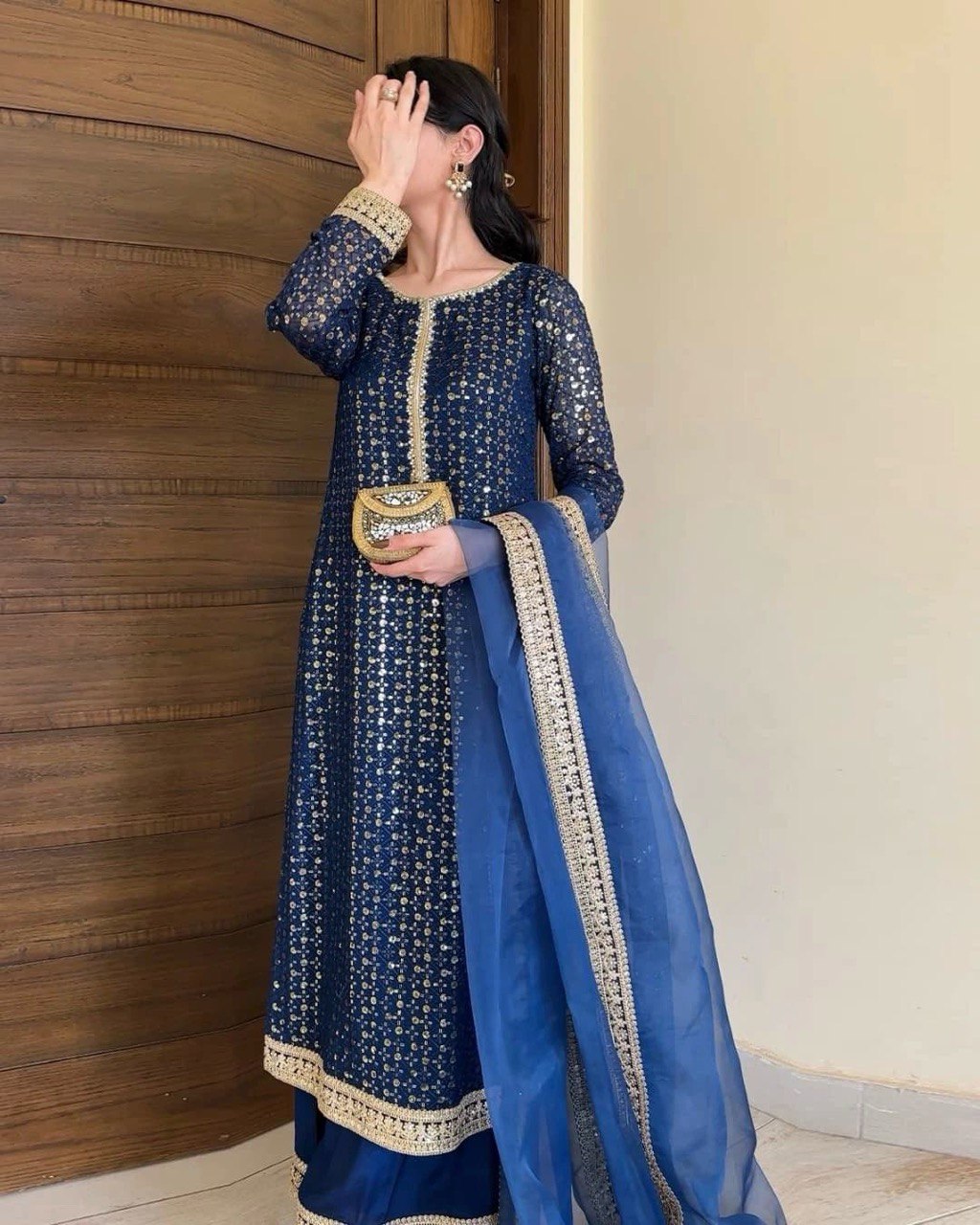 Navy Blue Color Wedding Wear Sequence Work Sharara Suit