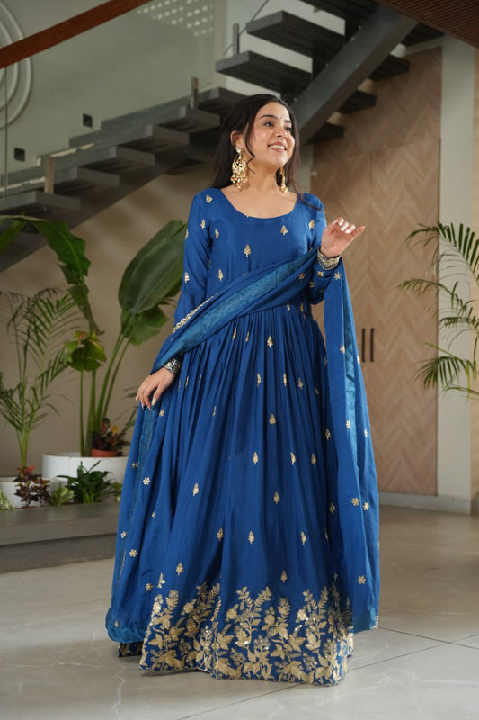 Royal Blue Color Chinon Silk With Embroidery Work Long Gown With Dupatta