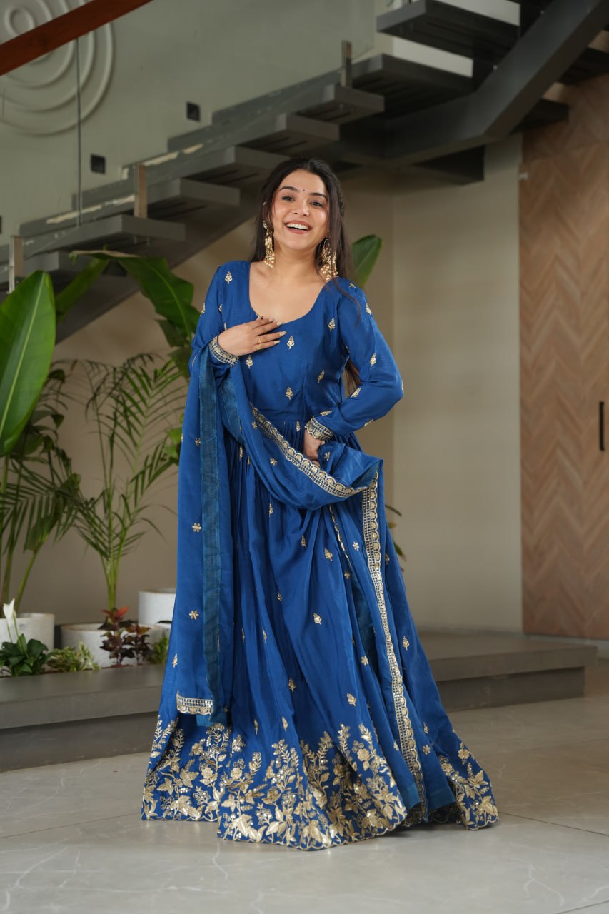Royal Blue Color Chinon Silk With Embroidery Work Long Gown With Dupatta
