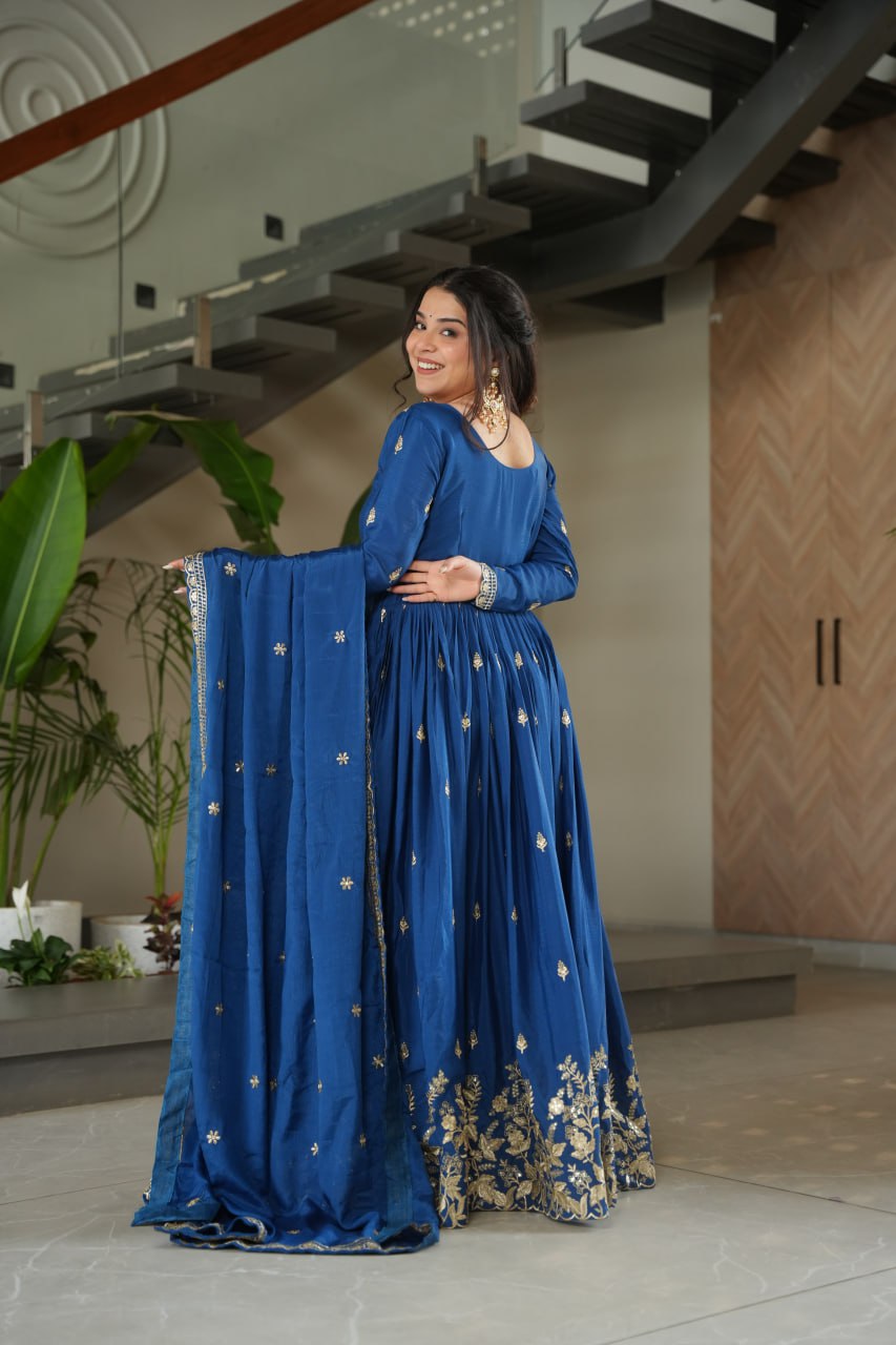 Royal Blue Color Chinon Silk With Embroidery Work Long Gown With Dupatta