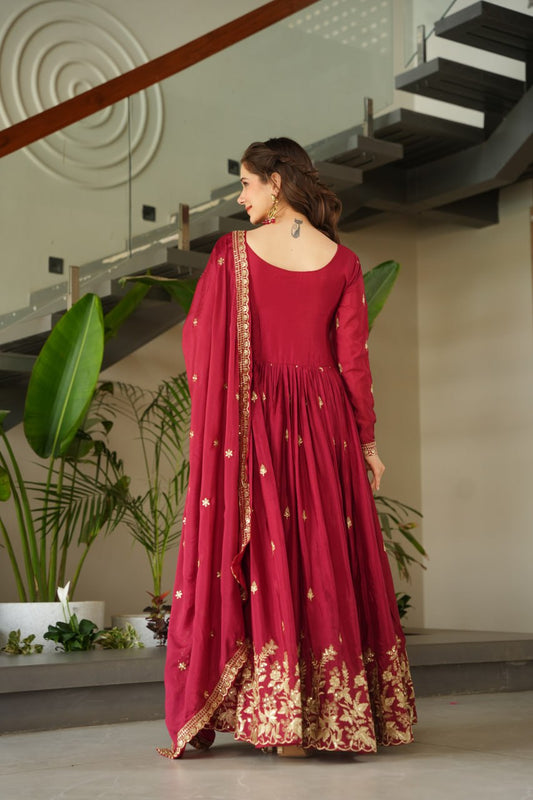 Red Color Chinon Silk With Embroidery Work Long Gown With Dupatta