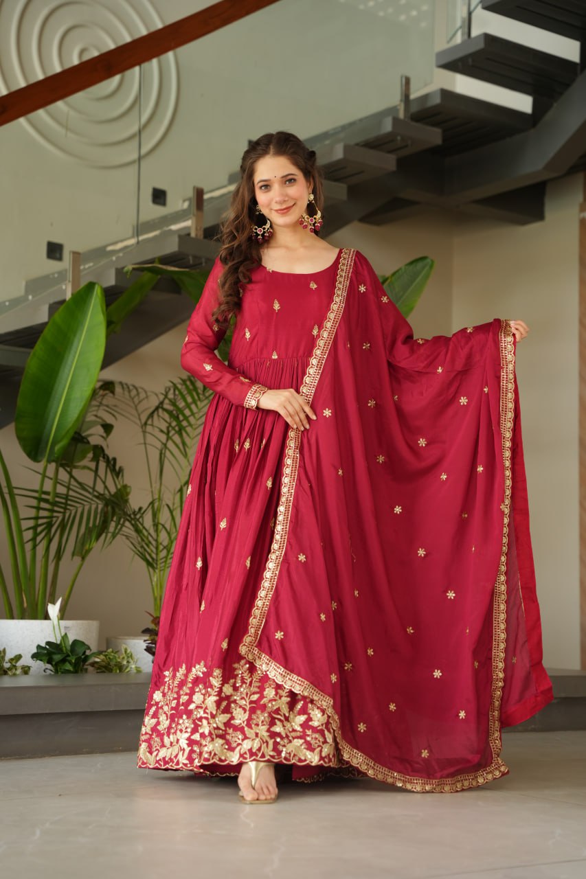 Red Color Chinon Silk With Embroidery Work Long Gown With Dupatta