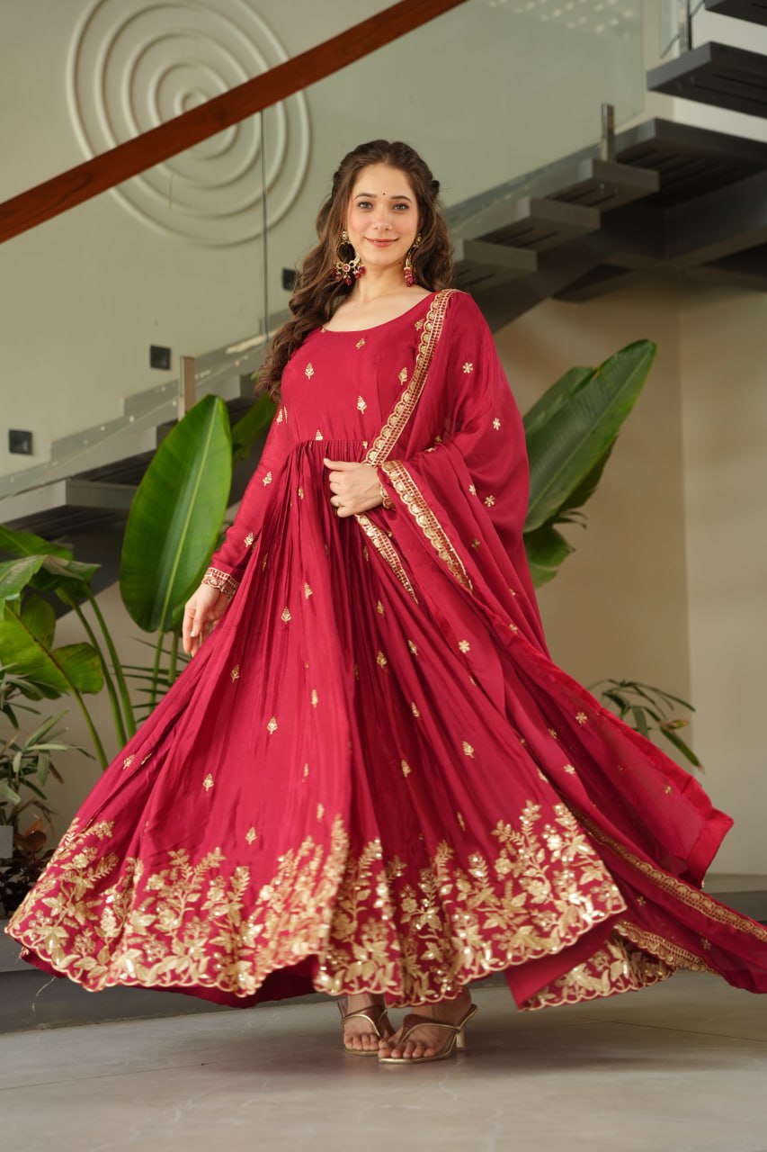 Red Color Chinon Silk With Embroidery Work Long Gown With Dupatta