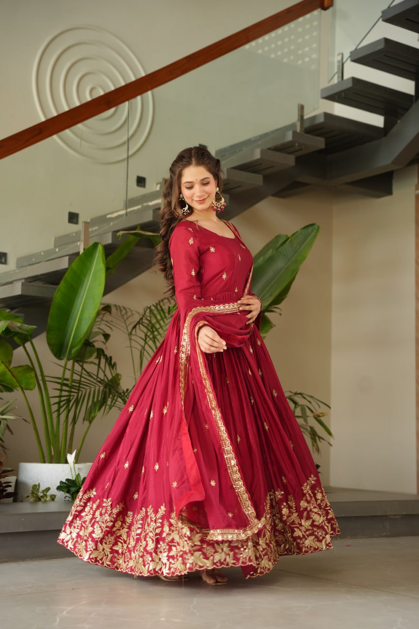 Red Color Chinon Silk With Embroidery Work Long Gown With Dupatta