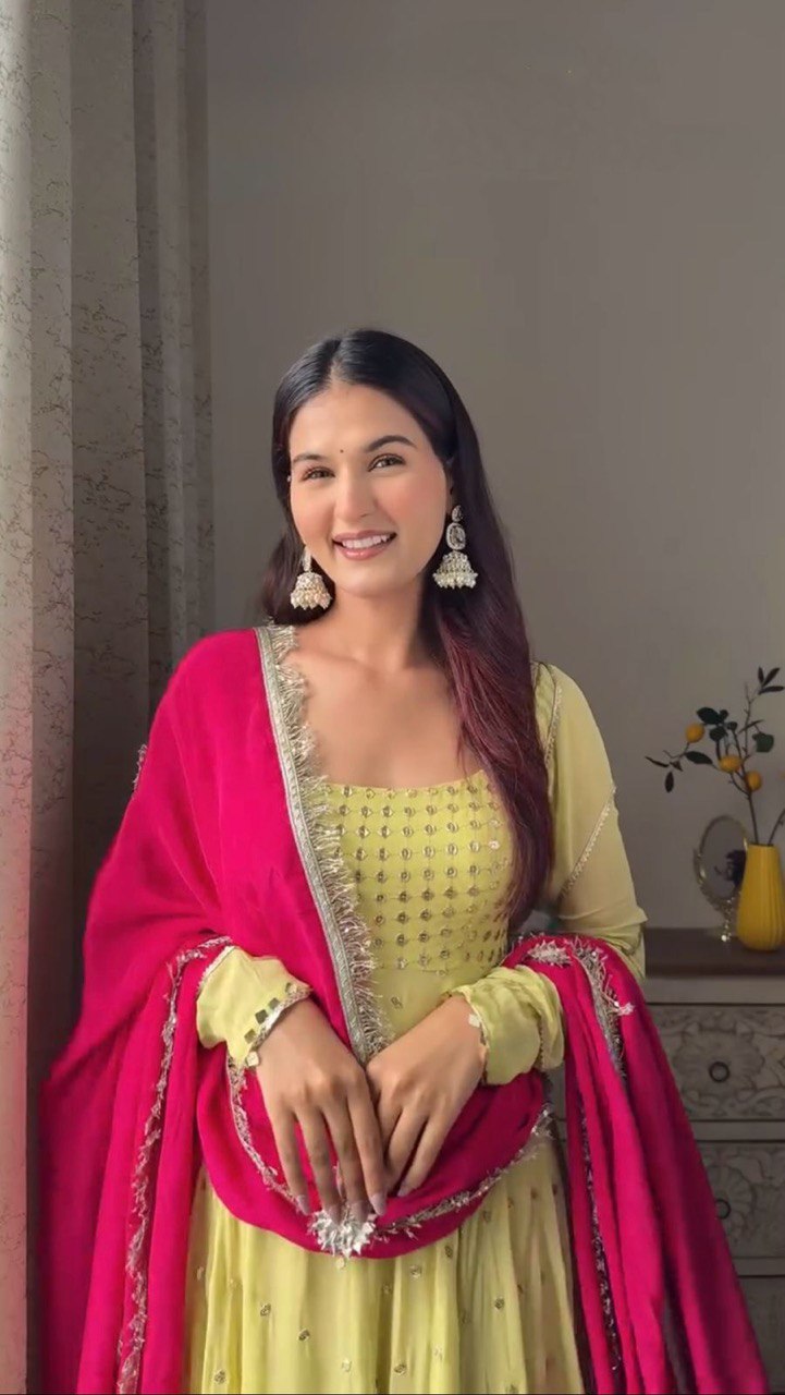 Designer Yellow Color Georgette With Sequence Work Long Anarkali Gown