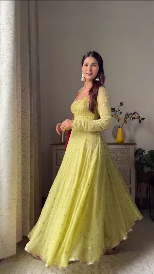 Designer Yellow Color Georgette With Sequence Work Long Anarkali Gown