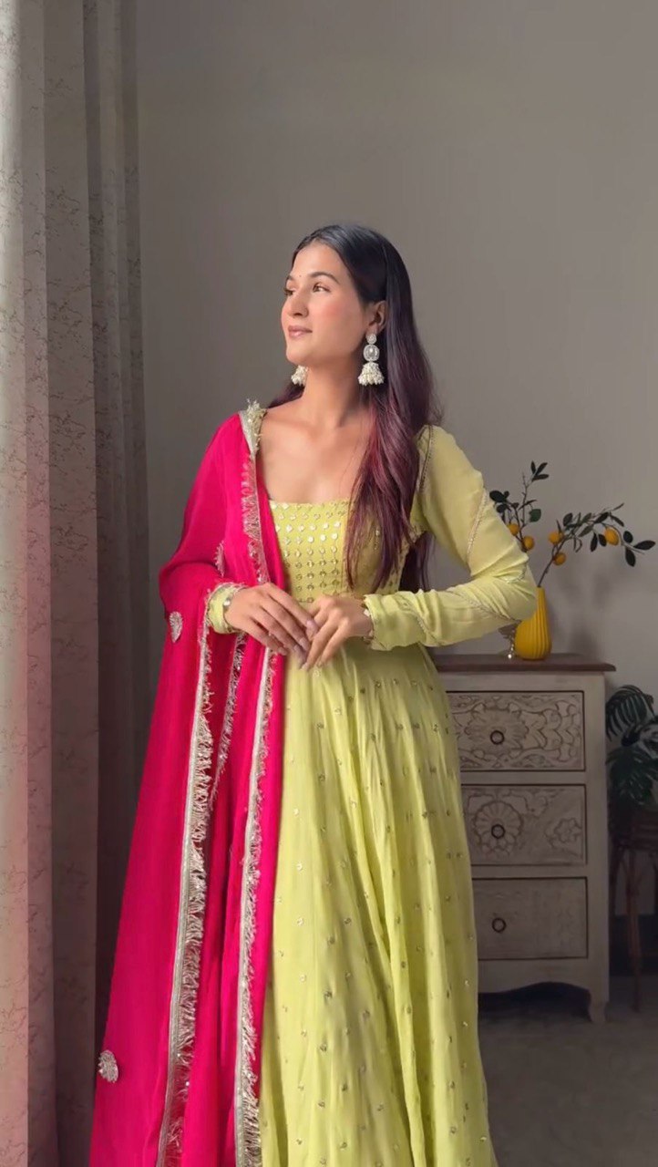Designer Yellow Color Georgette With Sequence Work Long Anarkali Gown
